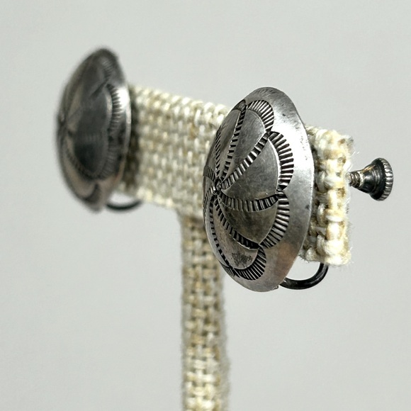 Navajo Vintage Native Signed Sterling Silver 925 Concho Earrings Screwback UITA3 - Picture 3 of 9